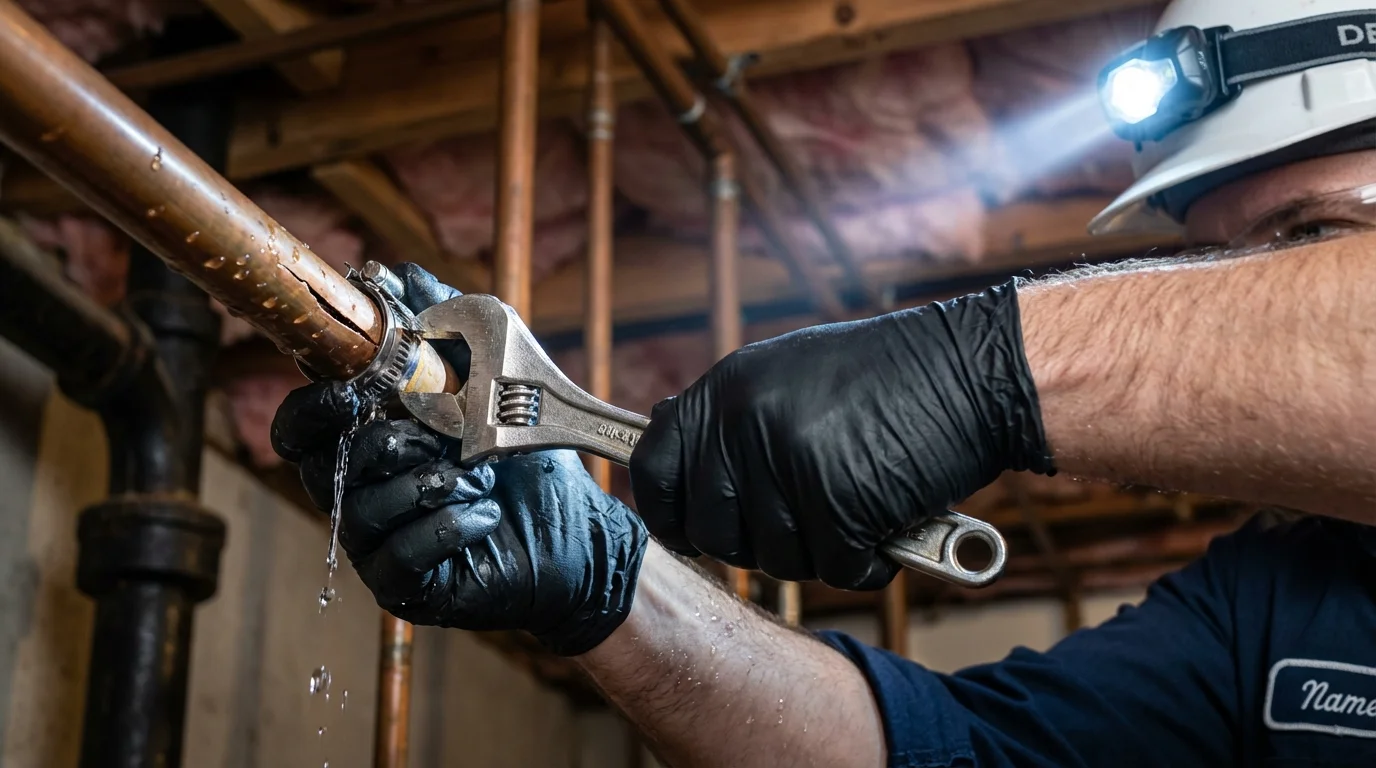 Emergency pipe clamp repair being performed by a Johns Plumbing LLC plumber in Broadview