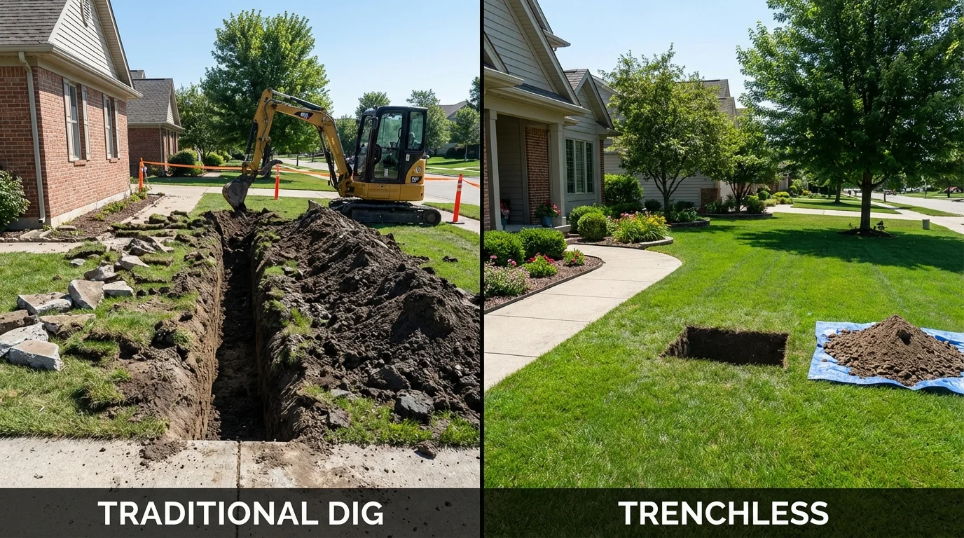 Trenchless sewer repair with minimal yard damage versus traditional excavation in Broadview, IL