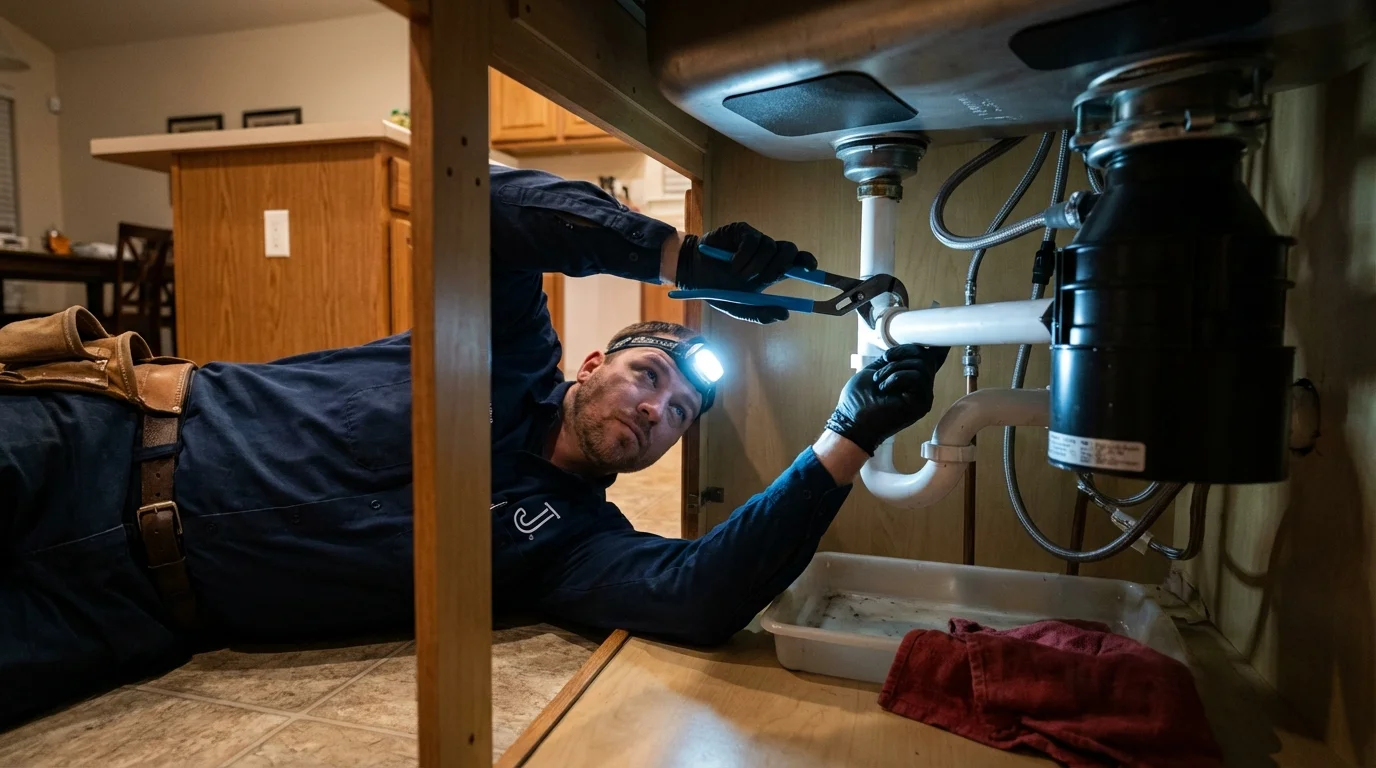 P-trap and supply line connections under a kitchen sink showing a common leak point in Broadview, IL